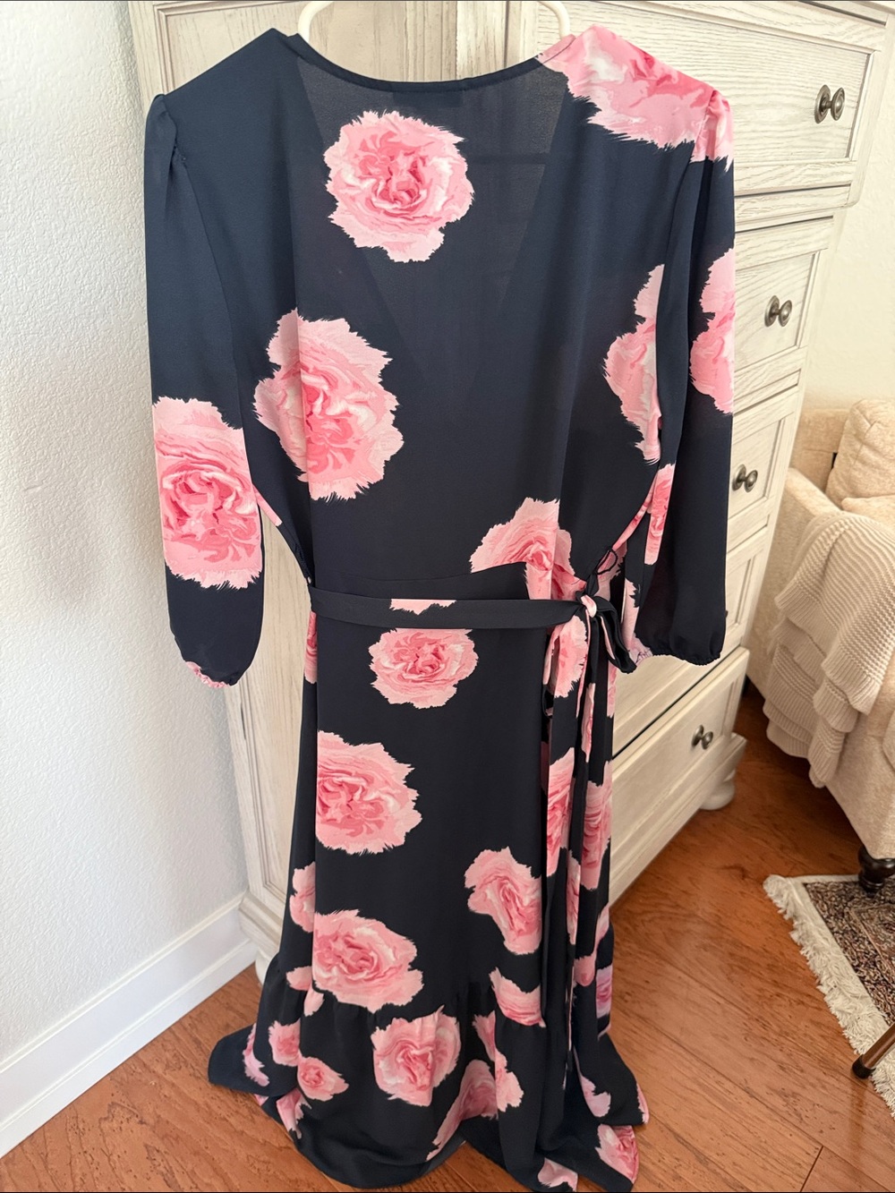 Bar III Black Maxi Wrap Dress with Pink Rose Print - Picture 3 of 4